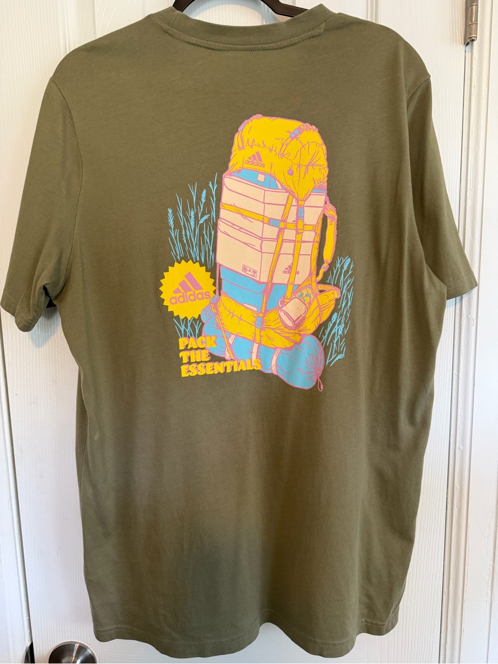 adidas Olive Green Short Sleeve Tee with Neon Backpack Graphic